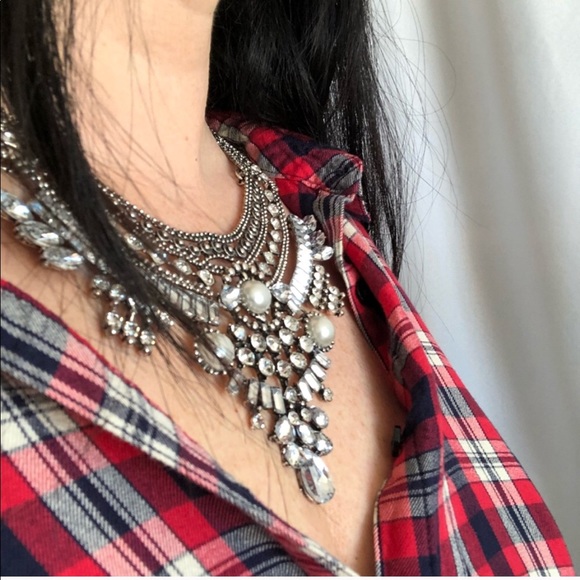 Statement Chunky Silver Necklace Rhinestones BoHo - Picture 2 of 8